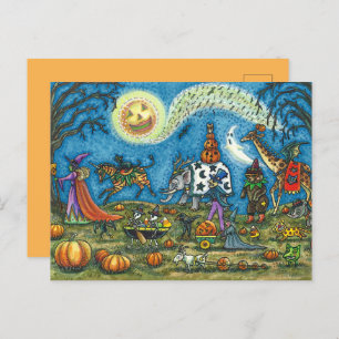 Cartão Postal De Festividades HALLOWEEN PARADE Bruxa Girafa Bear Zebra Skellies