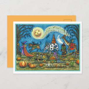 Cartão Postal De Festividades HALLOWEEN PARADE Bruxa Girafa Bear Zebra Skellies