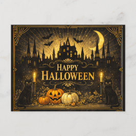 Cartão Postal De Festividades Halloween Preto Dourado Art Déco