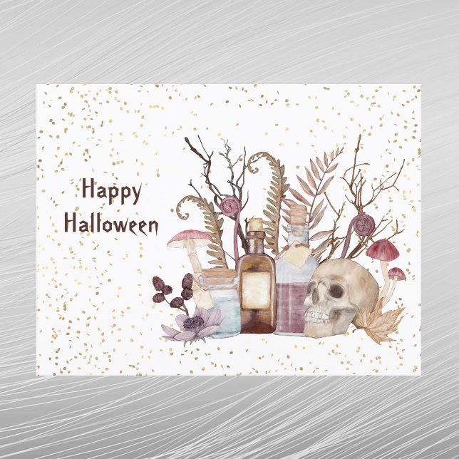 Cartão Postal De Festividades Halloween Skeleton Potions Mushroom Floral (Criador carregado)