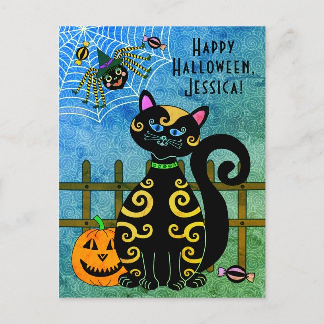 Cartão Postal De Festividades Halloween Spider Witch Nome Personalizado (Frente)
