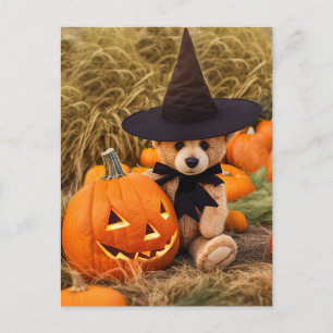 Cartão Postal De Festividades Halloween Teddy Bear Jack o Lanterna
