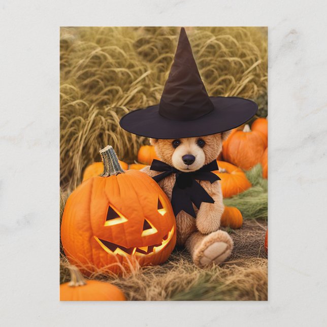 Cartão Postal De Festividades Halloween Teddy Bear Jack o Lanterna (Frente)