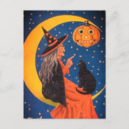 Cartão Postal De Festividades Halloween Witch Sitting On Moon Vintage