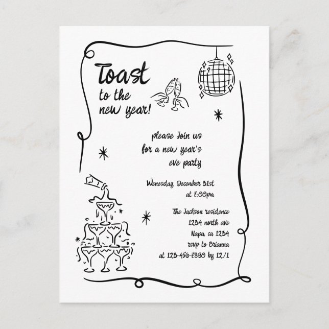 Cartão Postal De Festividades Hand Drawn Illustrated New Years Eve Party (Frente)