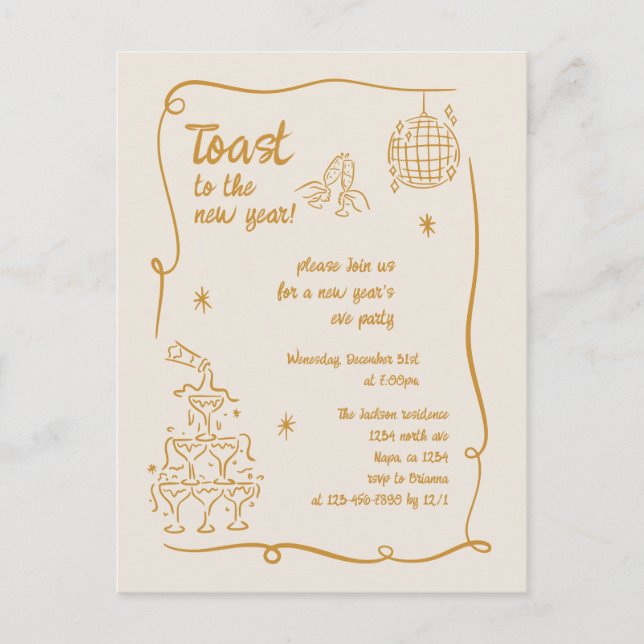 Cartão Postal De Festividades Hand Drawn Illustrated New Years Eve Party (Frente)