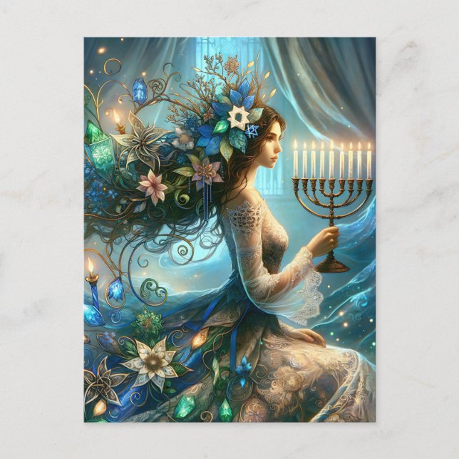 Cartão Postal De Festividades Hannukah Linda Mulher com Menorah (Frente)