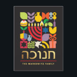 Cartão Postal De Festividades Hanukkah Chanukah Menorah Estrelas Judaicas Dreide<br><div class="desc">Hanukkah / Chanukah - Cartão Geométrico Colorido Moderno com Folha de Ouro Faux. Menorah, Dreidel, Rosquinhas, estrelas e azeite... Estão todos aqui. Símbolos hebraicos e judeus de Hanukkah espaço para adicionar seu texto personalizado. Feliz desejo Hanukkah. Hebraico na frente diz "Chanukah". Esta bela, bela, olha, é uma forma excelente de...</div>