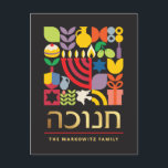Cartão Postal De Festividades Hanukkah Chanukah Menorah Estrelas Judaicas Dreide<br><div class="desc">Hanukkah / Chanukah - Cartão Geométrico Colorido Moderno com Folha de Ouro Faux. Menorah, Dreidel, Rosquinhas, estrelas e azeite... Estão todos aqui. Símbolos hebraicos e judeus de Hanukkah espaço para adicionar seu texto personalizado. Feliz desejo Hanukkah. Hebraico na frente diz "Chanukah". Esta bela, bela, olha, é uma forma excelente de...</div>