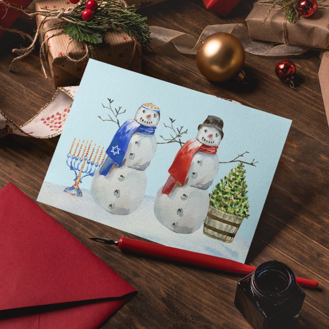 Cartão Postal De Festividades Hanukkah e Papai Noel de Neve em Aquarela (Criador carregado)