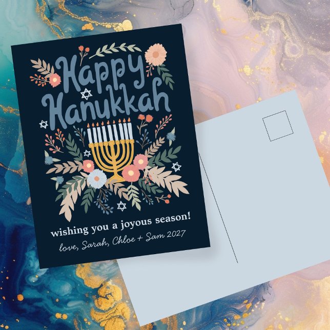 Cartão Postal De Festividades Hanukkah FLorals CLIQUE de Arte desenhado à mão (Hanukkah FLorals Hand-drawn Art CUSTOM Holiday Postcard
)