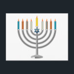 Cartão Postal De Festividades Hanukkah menorah<br><div class="desc">Hanukkah Menorah. relógio do botão "Personalizar" para personalizar o modelo alterando a cor de fundo,  se desejar. Personalizar adicionando texto pessoal de nome,  iniciais ou saudações de Chanucá,  conforme desejado</div>