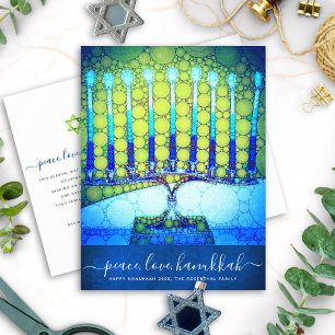 Cartão Postal De Festividades Hanukkah Moderno Menorá Azul Verde Estiloso