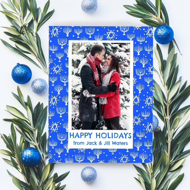 Cartão Postal De Festividades Hanukkah Stars Menorahs FOTO PERSONALIZADA (Hanukkah Stars Menorahs CUSTOM PHOTO Holiday Postcard
)