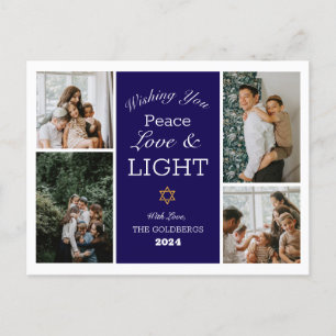 Cartão Postal De Festividades Hanukkah Typografia Foto da família azul Colagem