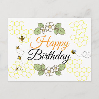 Cartão Postal De Festividades Happy birthday Cute bee Botanical 