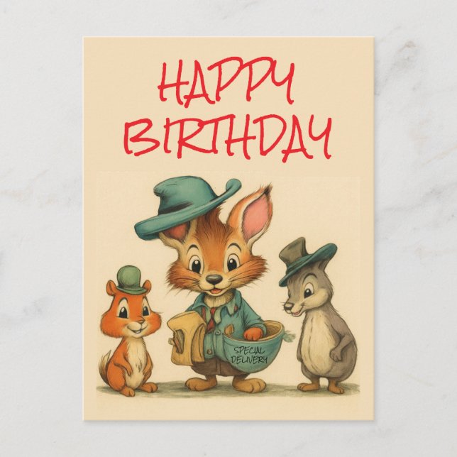 Cartão Postal De Festividades Happy Birthday Funny Cute Cartoon Animal Couriers  (Frente)