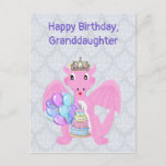 Cartão Postal De Festividades Happy Birthday Granddaughter, Pink Baby Dragon<br><div class="desc">This birthday postcard for a young granddaughter has my drawing of a cute pink young dragon with wings. I have added a tiara on it's head. The sweet pink dragon holds a cake with candles and a bunch of balloons. You can change the text on the front to make this...</div>
