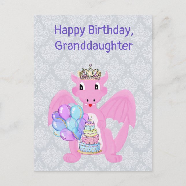 Cartão Postal De Festividades Happy Birthday Granddaughter, Pink Baby Dragon (Frente)