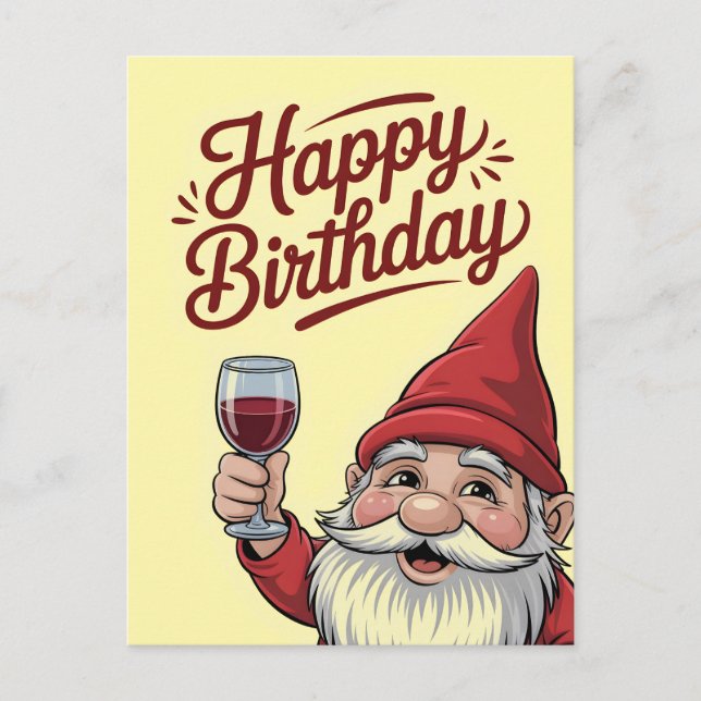 Cartão Postal De Festividades "Happy Birthday" Wine-Toasting Gnome (Frente)