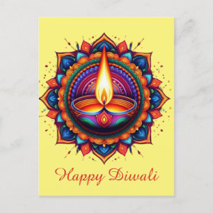 Cartão Postal De Festividades Happy Diwali Mandala Diya Festival de Amarelo Clar