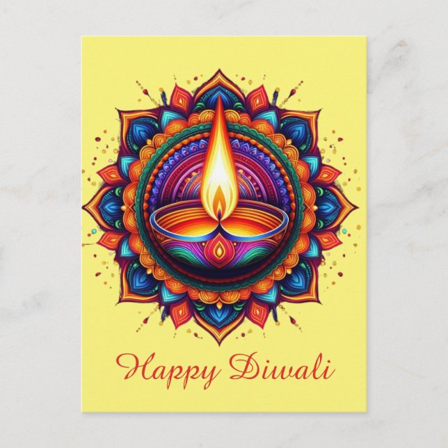Cartão Postal De Festividades Happy Diwali Mandala Diya Festival de Amarelo Clar (Frente)