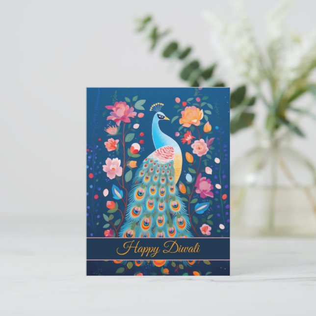 Cartão Postal De Festividades Happy Diwali Peacock & Flowers (Em pé/Frente)