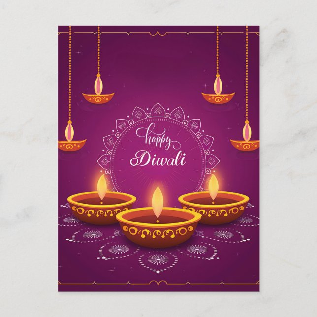 Cartão Postal De Festividades Happy Diwali Rangoli Diya Festival de Luz Púrpura (Frente)