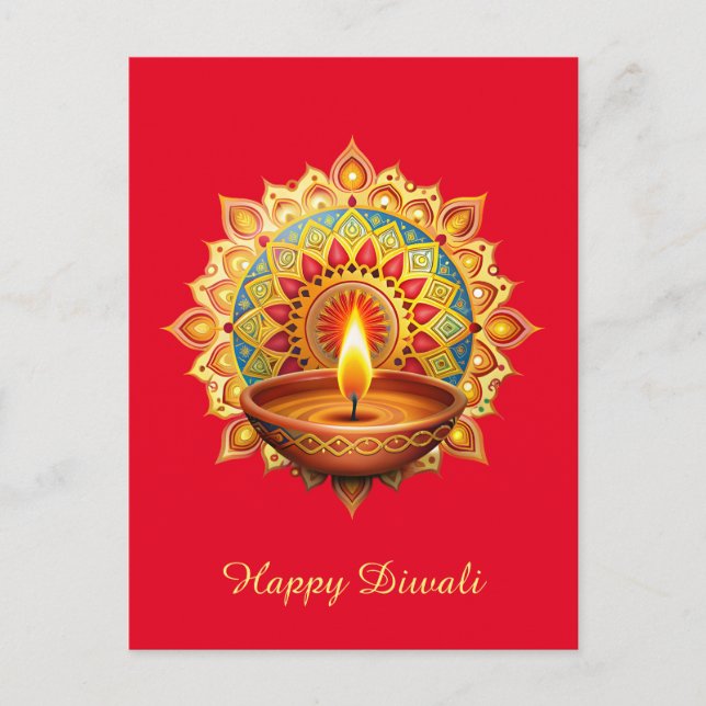 Cartão Postal De Festividades Happy Diwali Rangoli Diya Festival do Vermelho Cla (Frente)