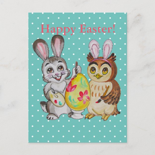 Cartão Postal De Festividades Happy Easter Bunny and Owl painting egg (Frente)