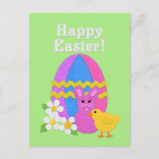Cartão Postal De Festividades Happy Easter Felt Look Easter Egg Bunny Chick