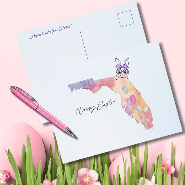 Cartão Postal De Festividades Happy Easter from Florida Pastel Eggs and Bunny (Criador carregado)
