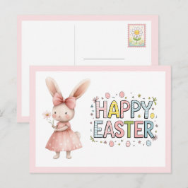 Cartão Postal De Festividades Happy Easter Pink Bunny Postcard