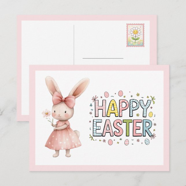 Cartão Postal De Festividades Happy Easter Pink Bunny Postcard (Frente/Verso)