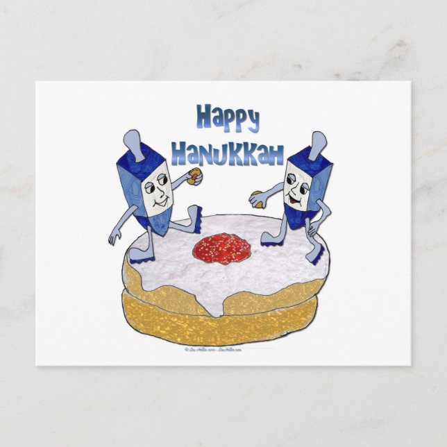 Cartão Postal De Festividades Happy Hanukkah Dancing Dreidels Jelly Doughnut (Frente)