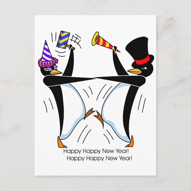 Cartão Postal De Festividades Happy Happy New Year Penguins (Frente)