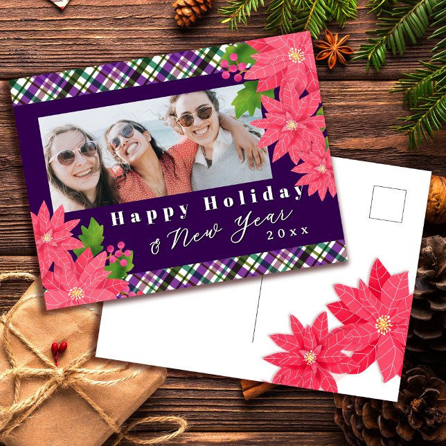 Cartão Postal De Festividades Happy Holiday New Year Poinsettia Photo Purple (Criador carregado)