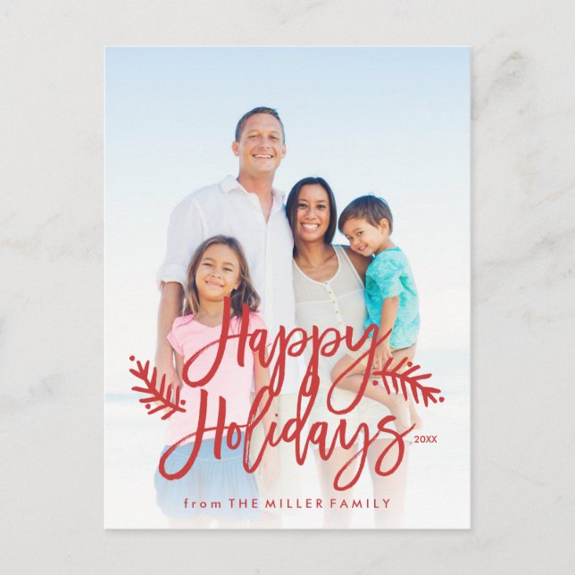 Cartão Postal De Festividades Happy Holidays Full Photo Chic Hand Lettered Red (Frente)