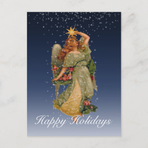 Cartão Postal De Festividades Happy Holidays Vintage Angel Stars Night Sky