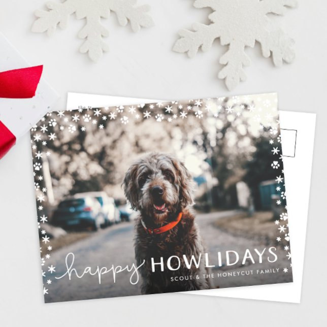 Cartão Postal De Festividades Happy Howlidays Pet Lover Holiday Photo Postcard (funny Happy Holidays pet dog Christmas holiday postcard with snowflakes and paw print border )
