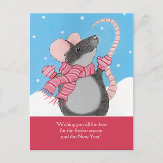 Cartão Postal De Festividades Happy Mouse in Snow Festive Season Postcard