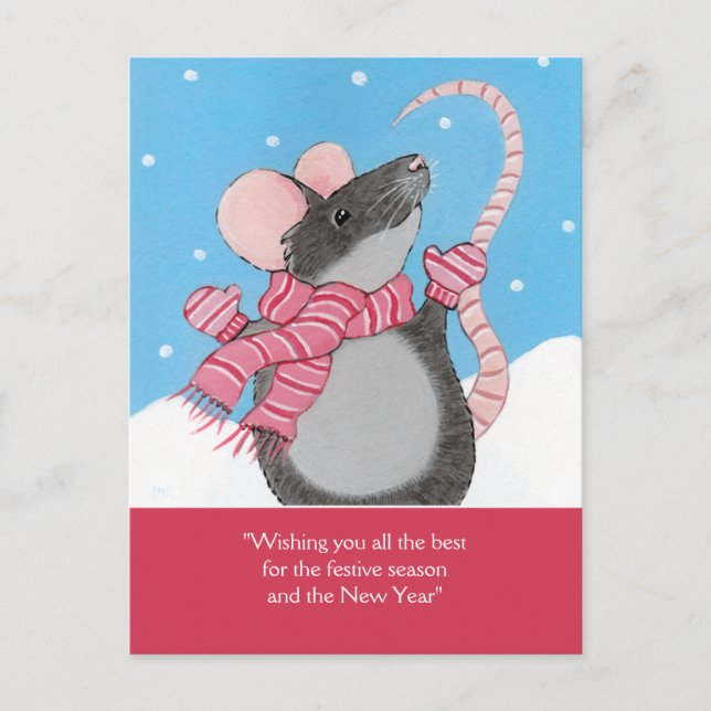 Cartão Postal De Festividades Happy Mouse in Snow Festive Season Postcard (Frente)