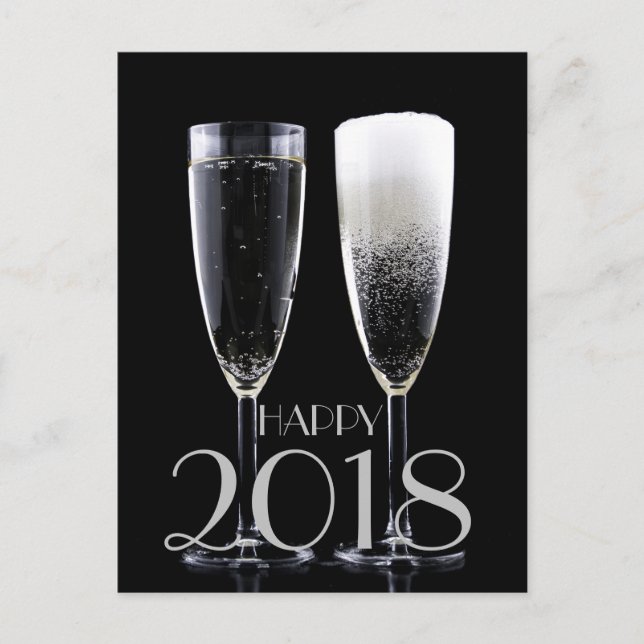 Cartão Postal De Festividades Happy New Year 2018 Black White Champagne Flute (Frente)