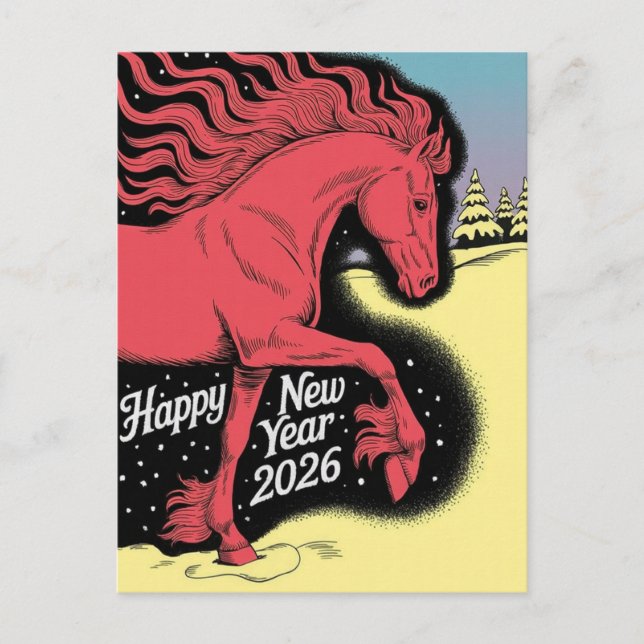 Cartão Postal De Festividades Happy New Year 2026 Card Red Horse Card (Frente)