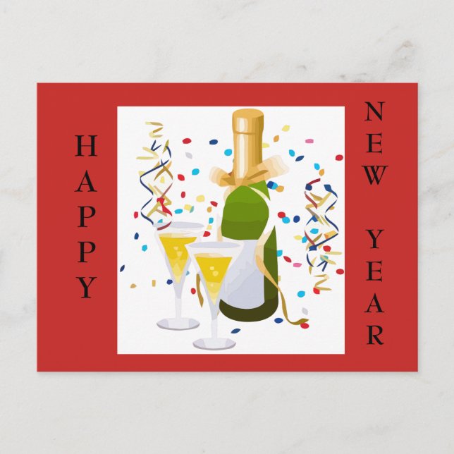 Cartão Postal De Festividades Happy New Year champagne confetti red post card (Frente)