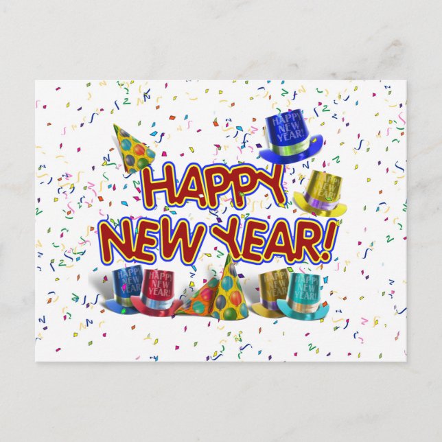 Cartão Postal De Festividades Happy New Years Text w/Party Hats & Confetti (Frente)