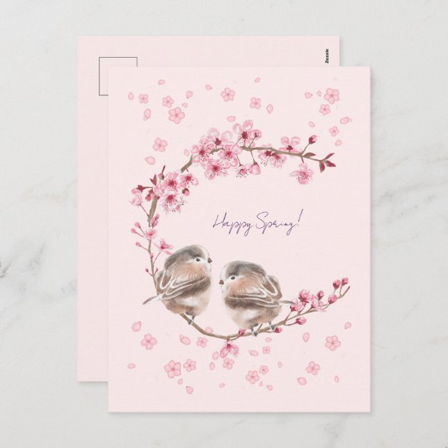 Cartão Postal De Festividades Happy Spring! 桜とかわいいすずめの春のあいさつ♡ (Frente/Verso)
