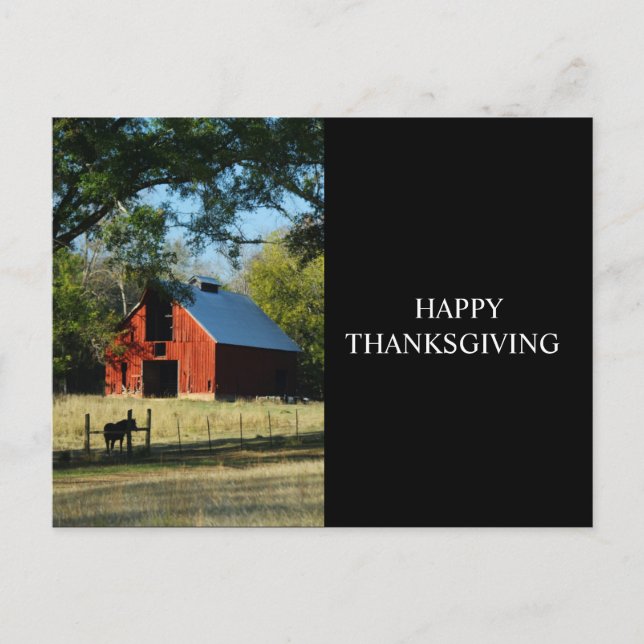Cartão Postal De Festividades Happy Thanksgiving - Red Barn and Horse (Frente)