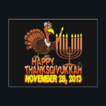 Cartão Postal De Festividades Happy Thanksgivukkah Postcard<br><div class="desc">It's the very funny 'Happy Thanksgivukkah' postcard. That's right... this year, Hanukkah falls on Thanksgiving! Which, according to one analysis of the Jewish and Gregorian calendars, won’t happen again for more than 75, 000 years!! Commemorate this rare once-in-a-lifetime occurrence with this classic postcard, featuring a funny cartoon turkey lighting the...</div>