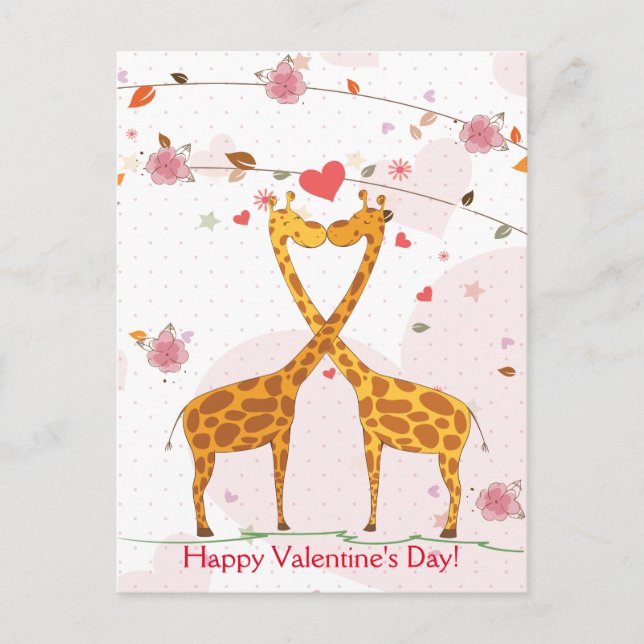 Cartão Postal De Festividades Happy Valentine's Day Cute Giraffes Flowers (Frente)